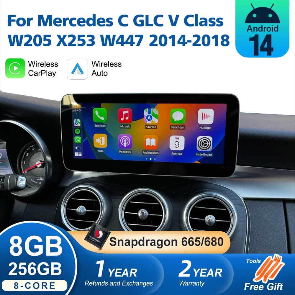 CarPlay Wireless 256G Qualcomm 680 per Mercedes Benz Classe C W205 2014-2018, Android Auto, Navigazione GPS, SWC, DSP