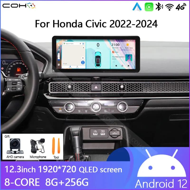 Per Honda Civic 2022-2024 riproduzione Video Radio navigazione Gps 12.3 pollici Android12 8-core 8 + 256G 1920*720 carplay Android Auto