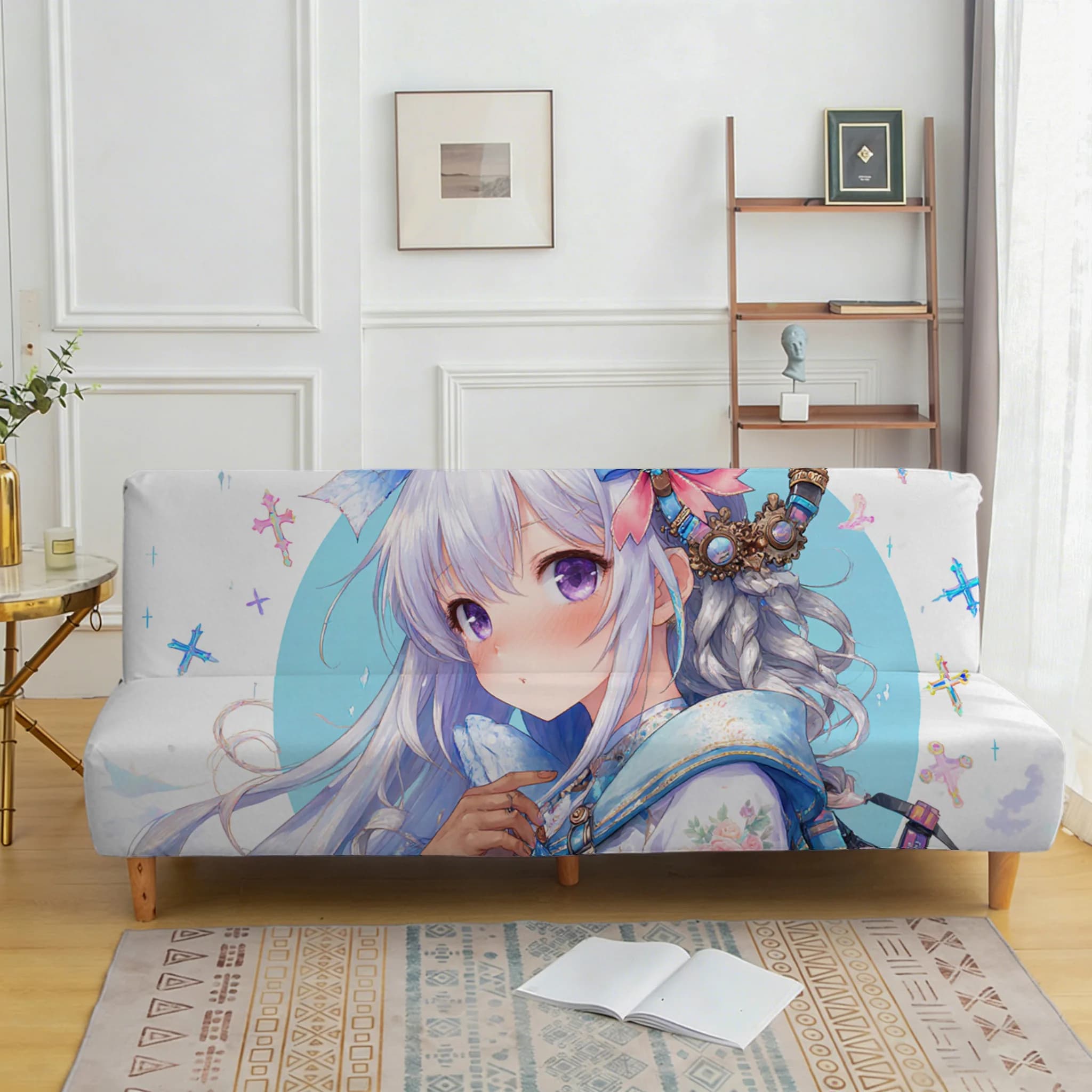 Two-dimensional silver hair girl sofa bed cover, non-slip and anti-scratch furniture protective cover, easy to install