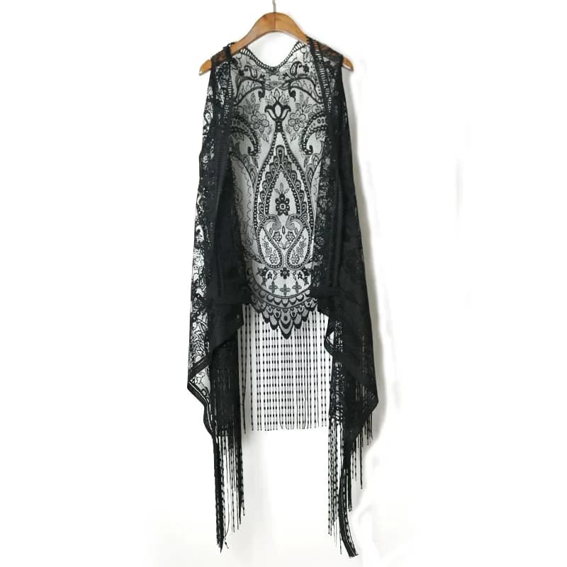 Holiday shirts Harajuku in lace crochet Boho in lace top women's sleeveless tassels dig out shirt Cardigan Kimono from the beach