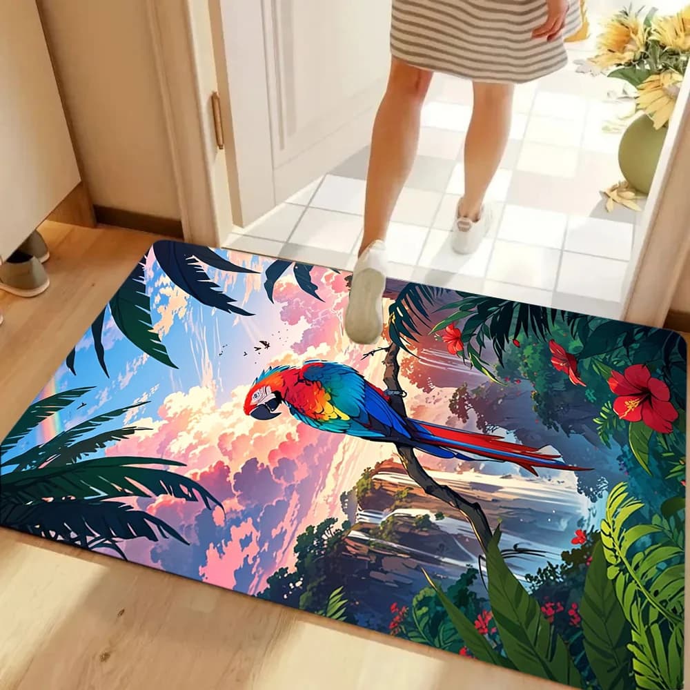 Tappeto antiscivolo con motivo a foglie di Monstera e tucano per soggiorno, camera da letto, cucina, tappeto da ingresso a tema foresta pluviale lussureggiante