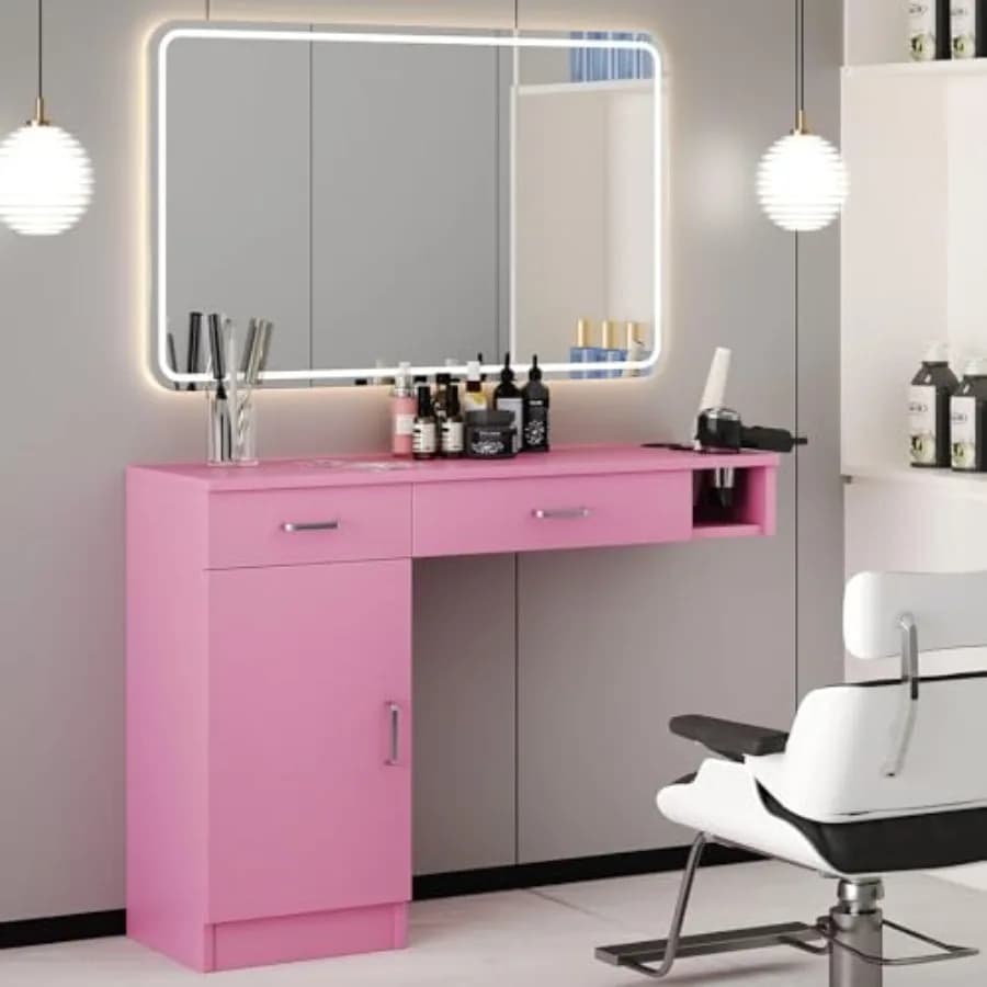 Pink Salon for Hairdressers, Barbiere Station in Parete con Armadietto, Hairdresser equipment, Porta Hairdryer, Cassetti, Mirror