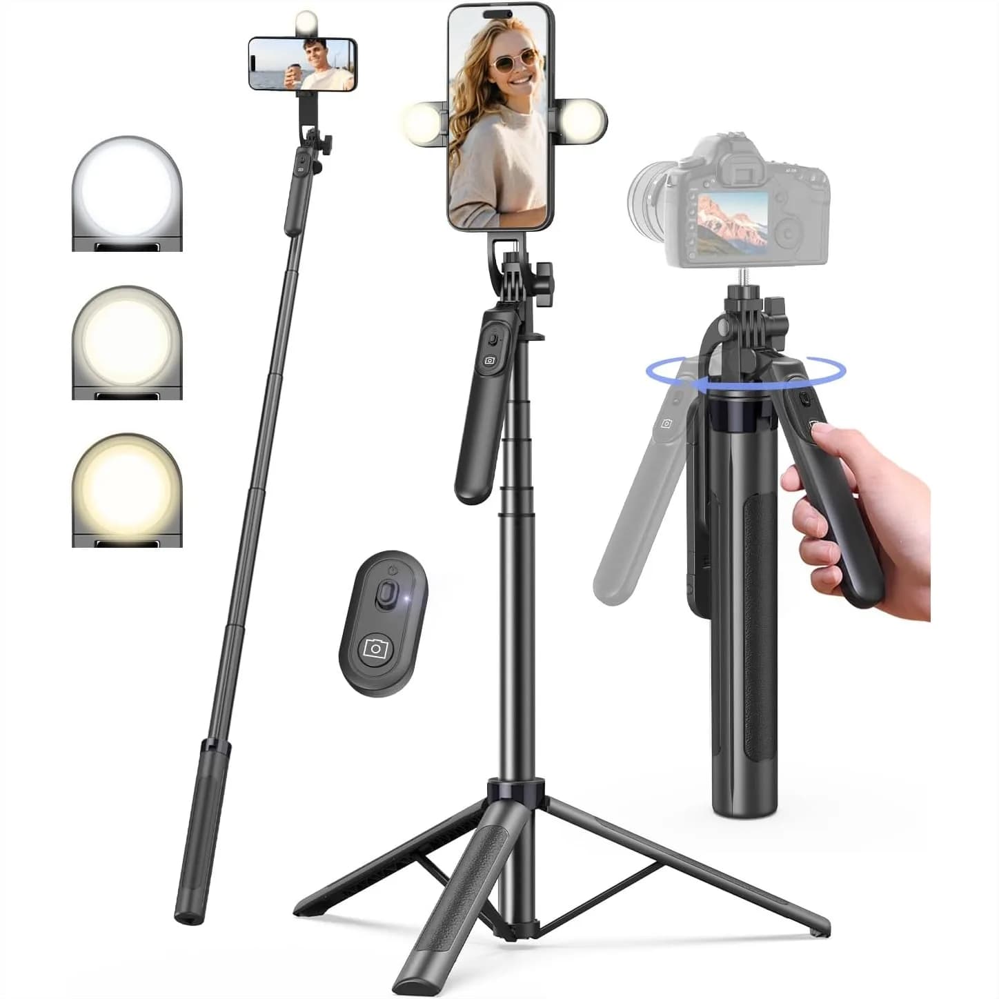 Treppiede per telefono con luce di riempimento e telecomando, supporto selfie stick in alluminio da 71 pollici per iPhone/fotocamera/GoPro