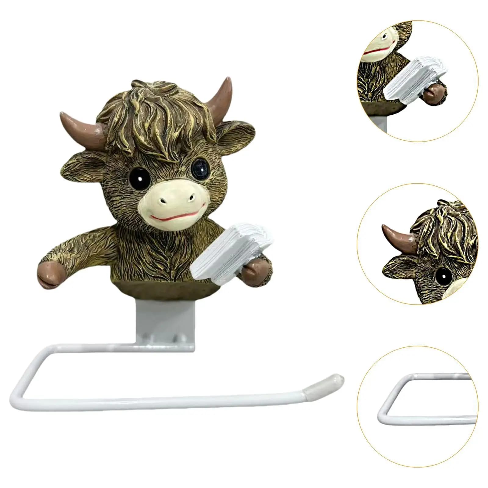 Portarotolo da parete in resina a forma di Yak delle Highland per decorazione bagno in stile rustico