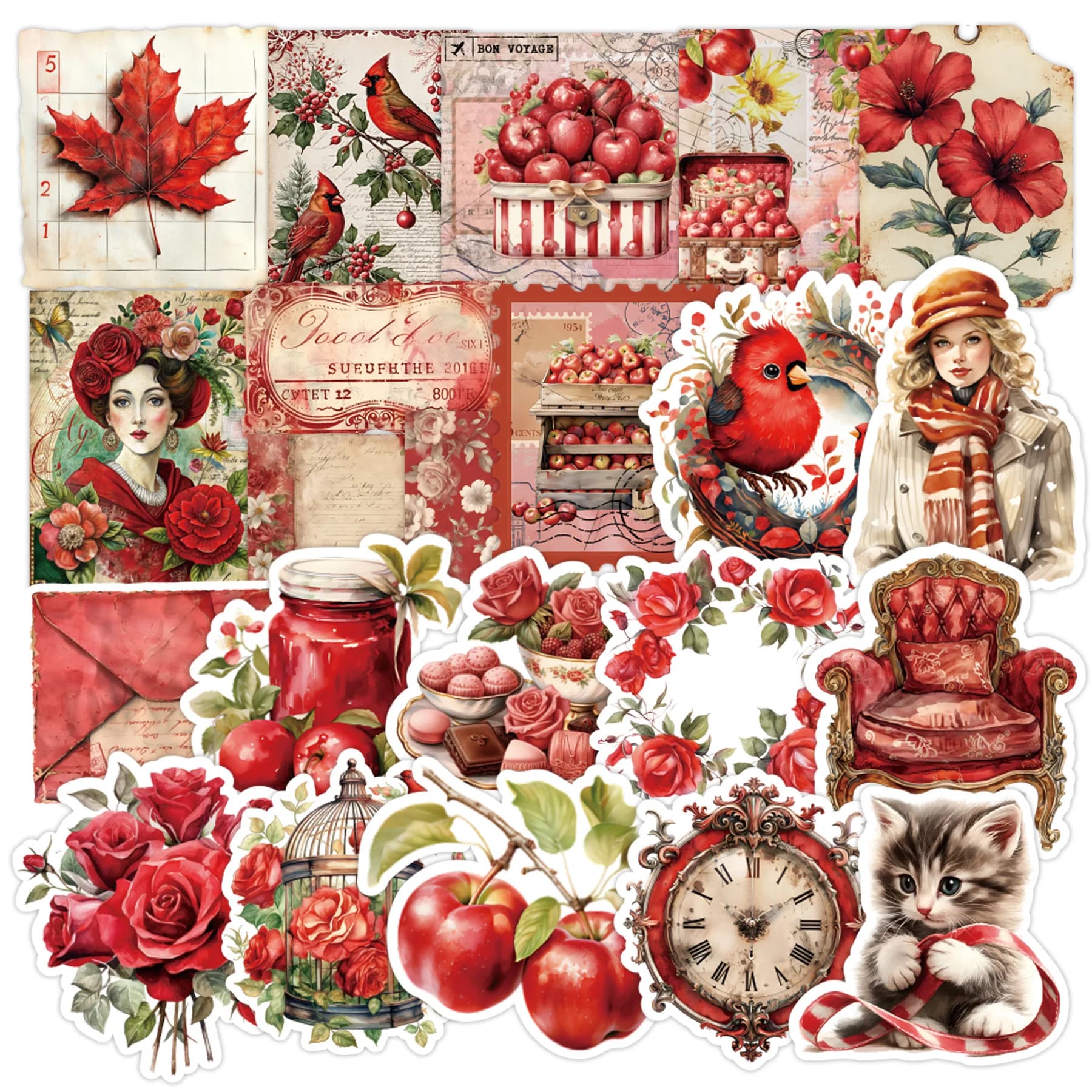 50 red retro stickers for diary trash water bottle decoration mobile phone scratched decals for notebook diy