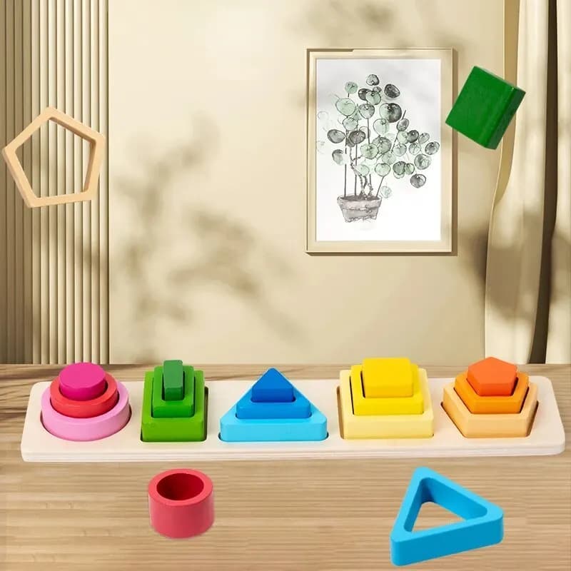 Giocattoli Montessori in Legno per Ordinare e Impilare, Puzzle di Forme e Colori, Giochi Geometrici per l'Educazione Precoce dei Bambini