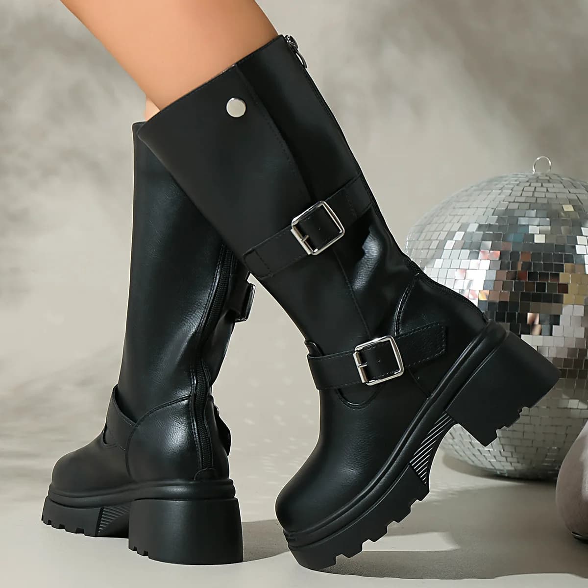 2026 Women's High Heel Fashion Boots with Belt Buckle round Toe Back Zipper Leather Autumn Winter New Style