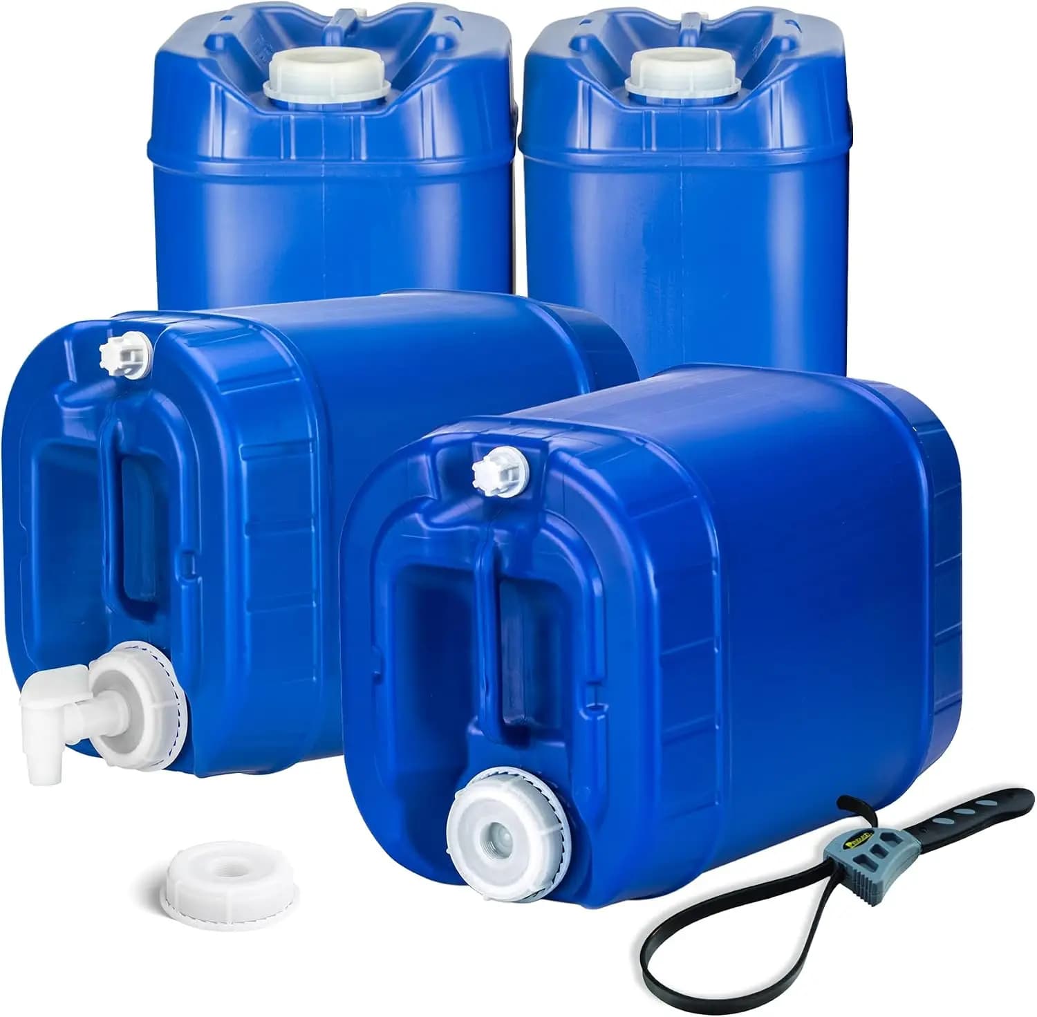 Stackable Emergency Water Storage Containers, Six Pack Five Gallon Food Grade Water Tanks, Heavy Duty Blue Light Blocking Liquid Holding Buckets With Spigot For Camping Outdoor Survival