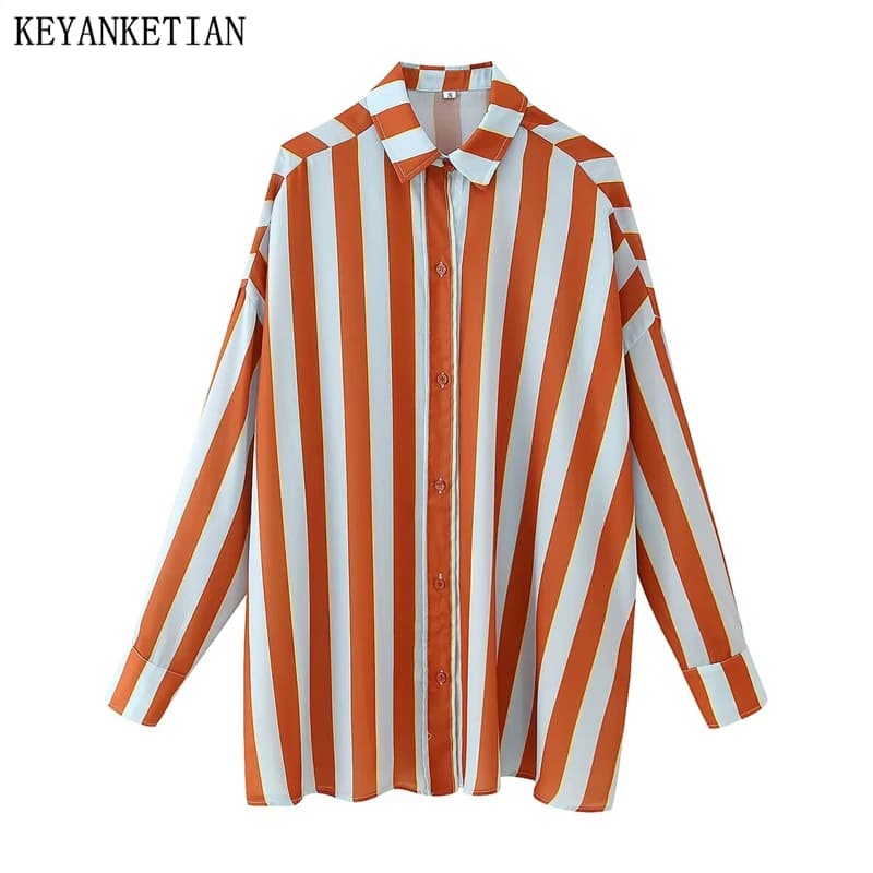 KEYANKETIAN Primavera/Autunno Nuove donne Camicia oversize a righe verticali Camicette di media lunghezza monopetto a maniche lunghe stile unisex