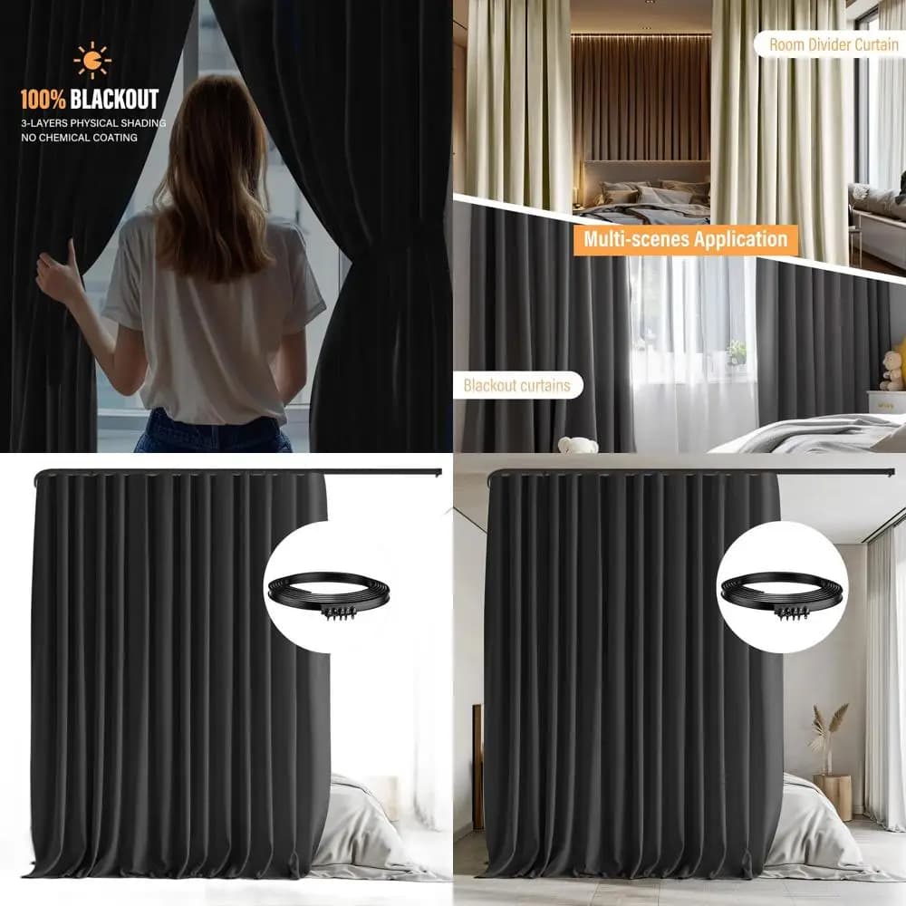 Darkening curtain for privacy with ceiling rail, 15 feet wide x 9 feet tall, drape and black track