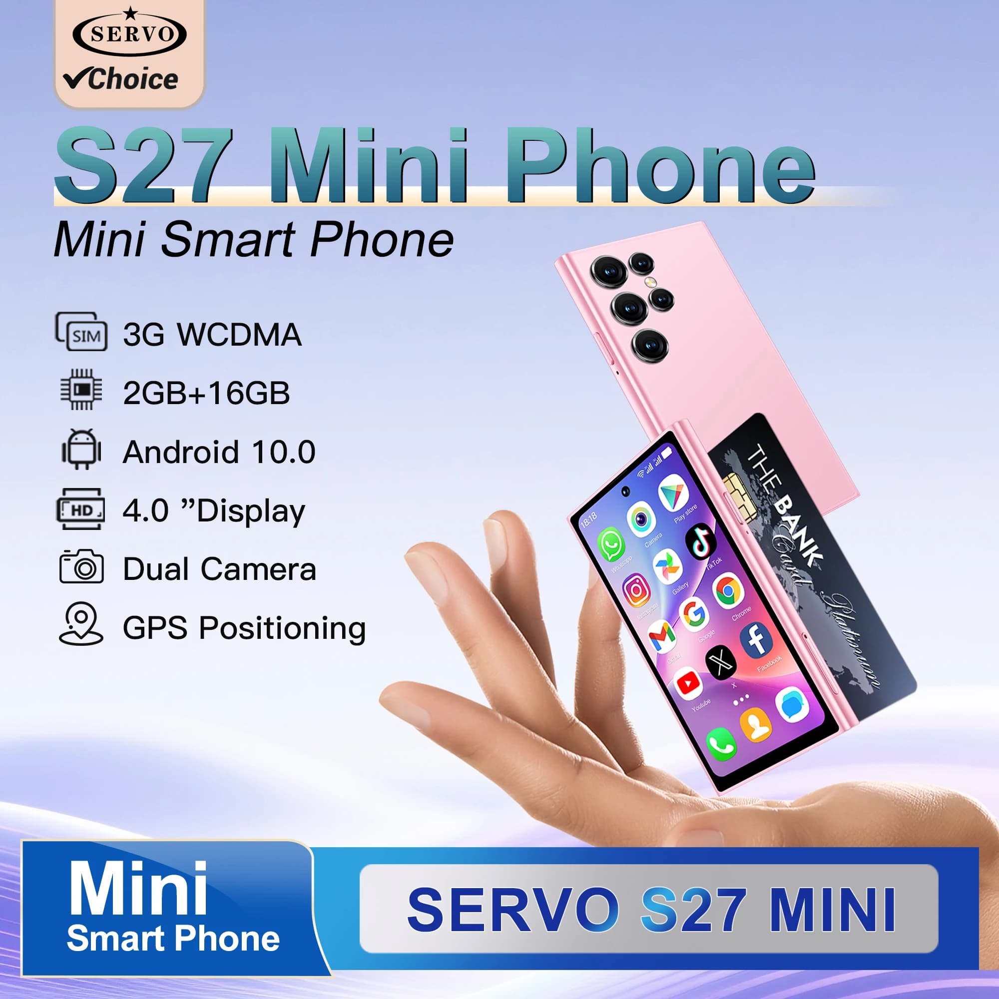 SERVO S27 MINI Smartphone Android Tascabile 3G WCDMA Google Play 2GB+16GB Sblocco Facciale Dual SIM Display 4.0" Piccoli Cellulari Intelligenti