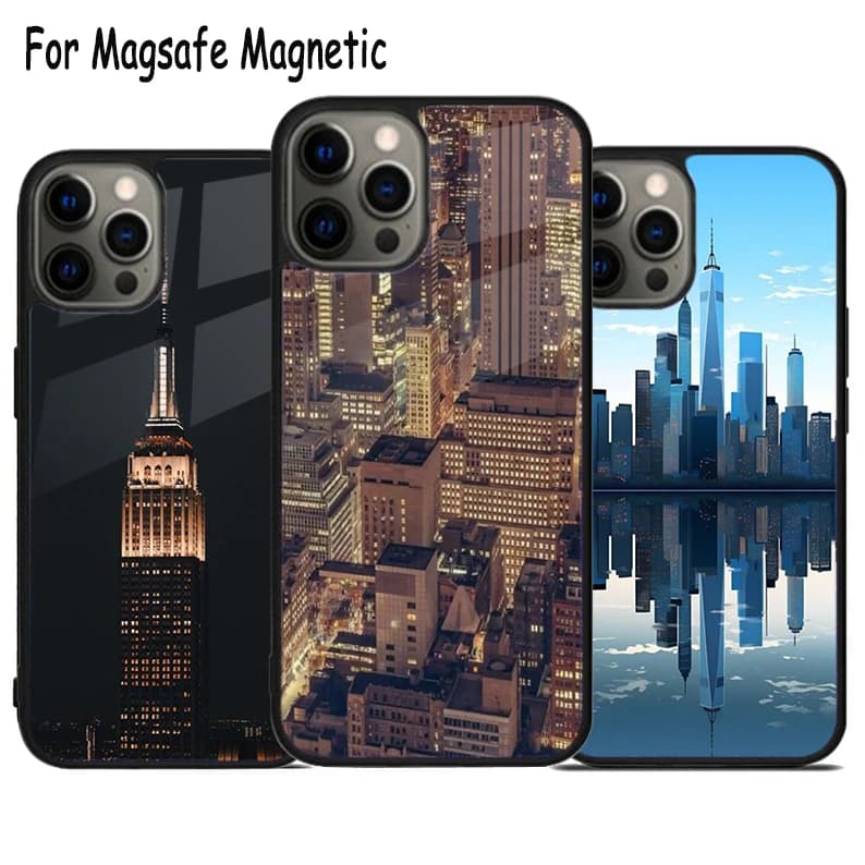 Custodia per telefono con ricarica wireless New York City per iPhone 17 Air 15 16 16e 14 13 11 12 Pro Max Plus, cover magnetica Magsafe con paraurti