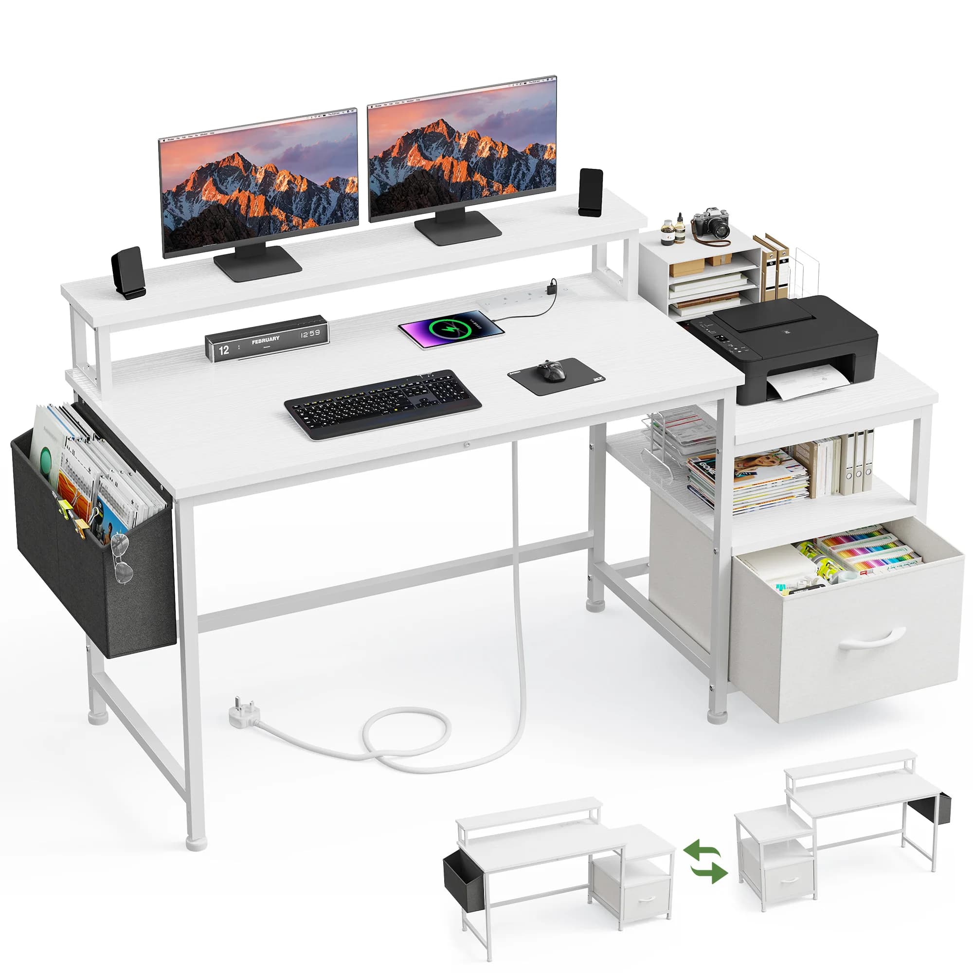 EnHomee Scrivania per Computer da 40 Pollici con Supporto Verticale per Monitor, Scrivania per Studio, Scrittura e Gaming con Stazione di Ricarica e Armadietto Portaoggetti