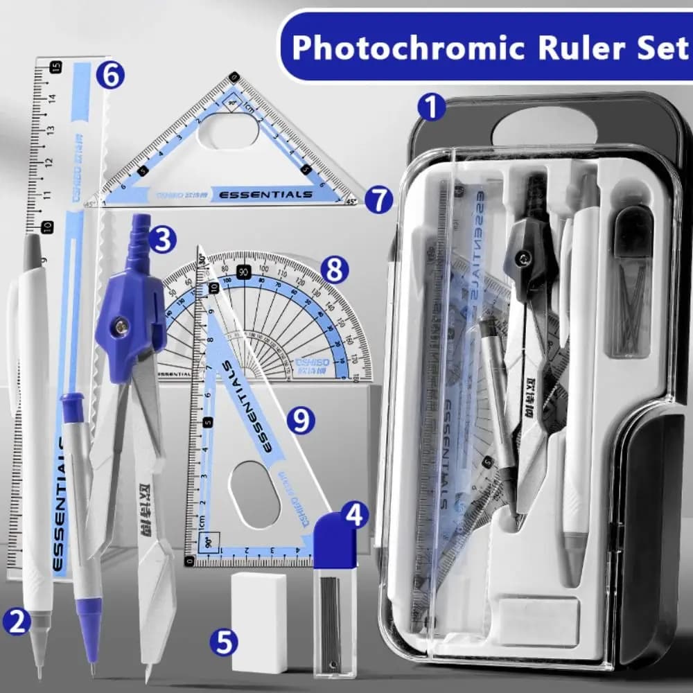 9PCS/Set Plastic Ruler Compasses Set Photochromic Propelling Pencil Protractor Eraser Set Square Measuring Ruler Gift