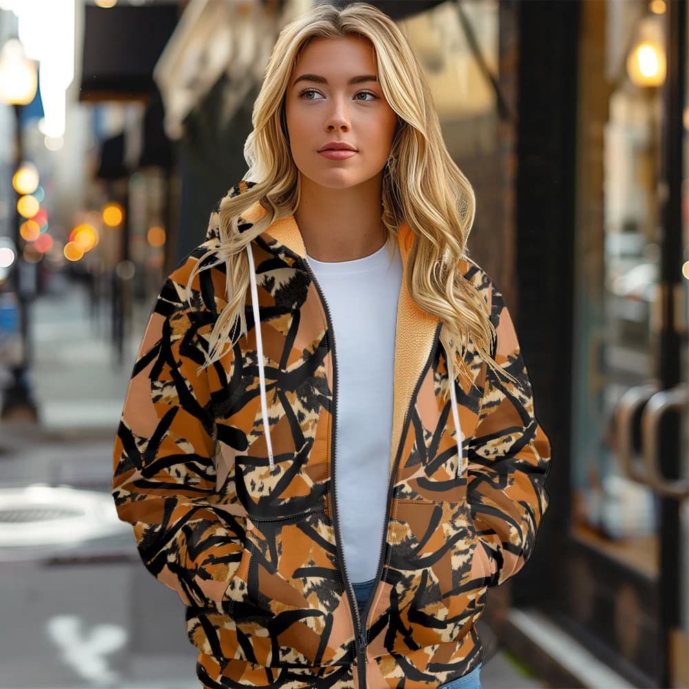 Giacche da donna mimetiche astratte Cappotti Felpa con cappuccio con zip stampata Peluche spesso Caccia invernale ​ Abbigliamento caldo per capispalla da motociclista streetwear