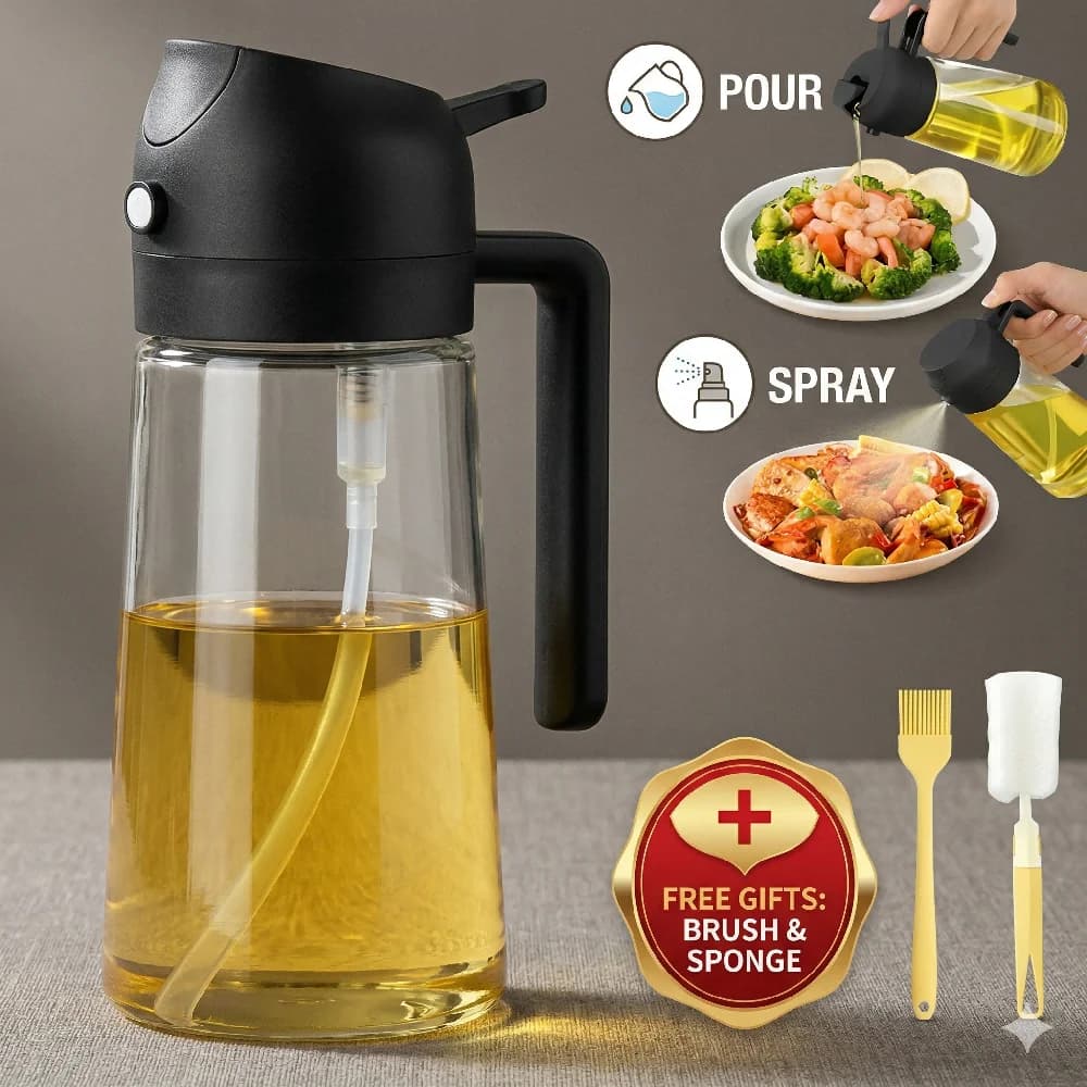 Flacone Spray 2-in-1 per Olio da Cucina e BBQ con 2 Spazzole, Ricambio per Dispenser e Spruzzatore in Plastica