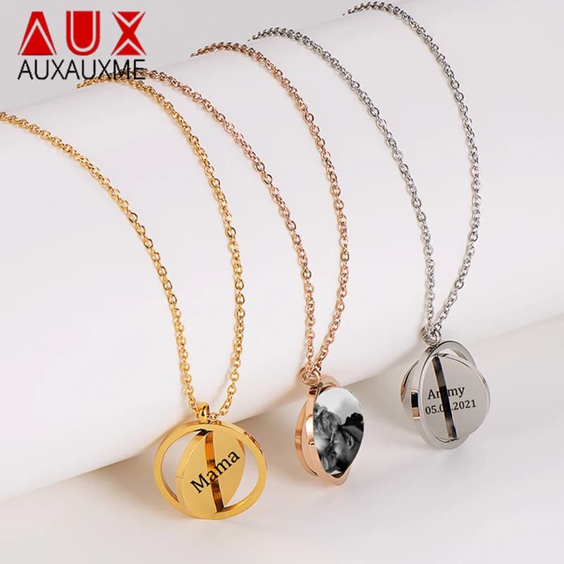 Auxauxme swivel round necklace with custom photo for woman Man Stainless steel with laser engraving Name Logo Pendant with pendant Jewelry Gift