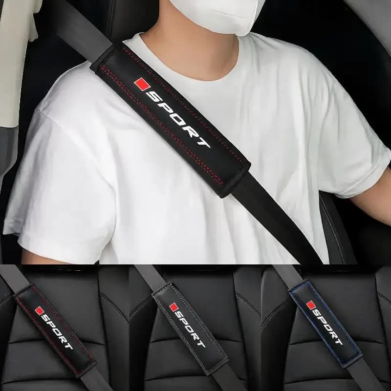 [S]PU Leather Car Seat Belt Shoulder Pad Soft Comfortable Cushion Sport Logo Print For Daily Driving Long Trips Fits Most Cars