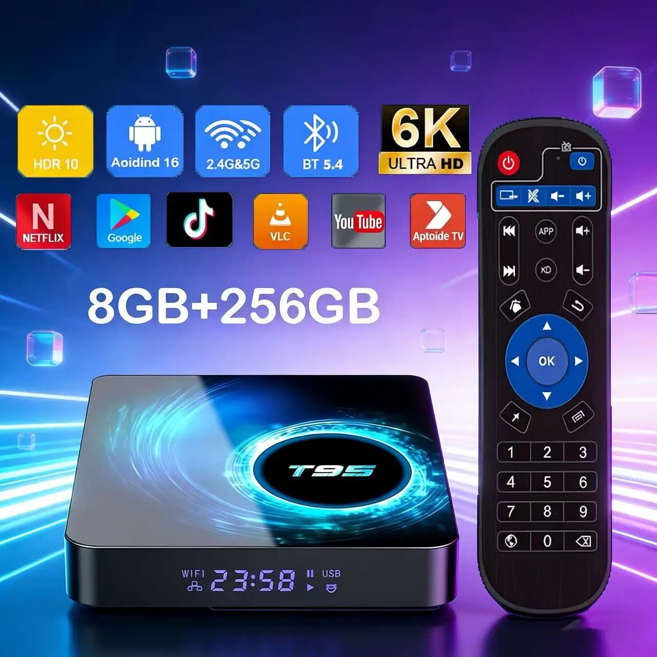 Box TV Android 16 T95 Allwinner H616 8GB+256GB con Assistente Google, Video 6K, Bluetooth 5.4, Lettore Multimediale Ultra Veloce