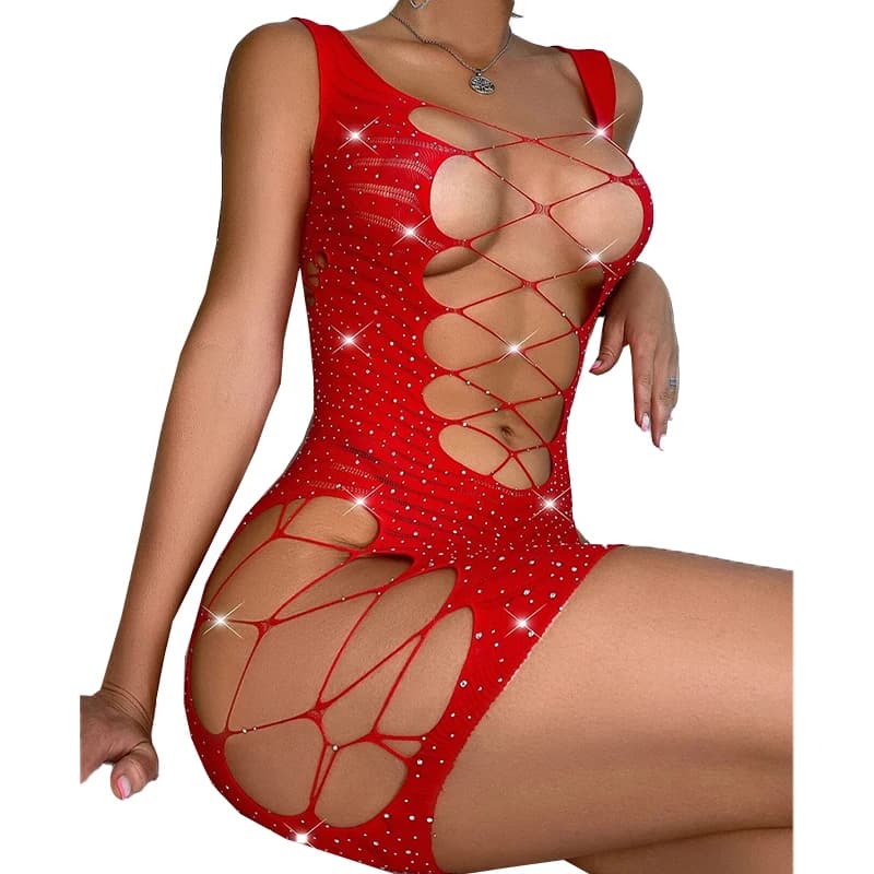 Body scavato da donna Reggiseno aperto in rete rossa Abito sexy in rete da pesca Vedi attraverso la biancheria intima senza maniche Camicia da notte a doppia faccia