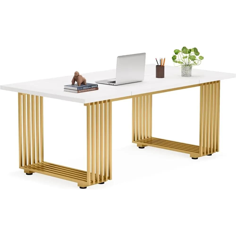 Grande Scrivania Direzionale in Rovere Bianco con Gambe in Metallo Dorato per Ufficio Domestico, Scrivania per Computer in Legno, Arredamento per Ufficio