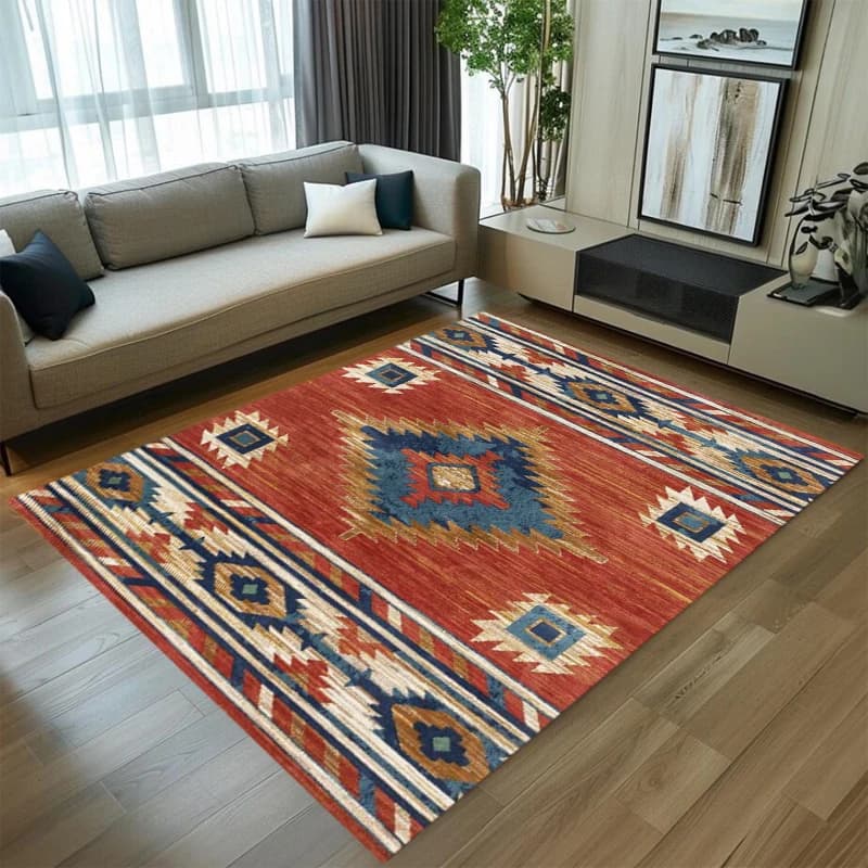 Rustic Brown and Teal Navajo Tribal Non-Slip Area Rug, Southwestern Geometric Carpet for Cozy Living Room Decor