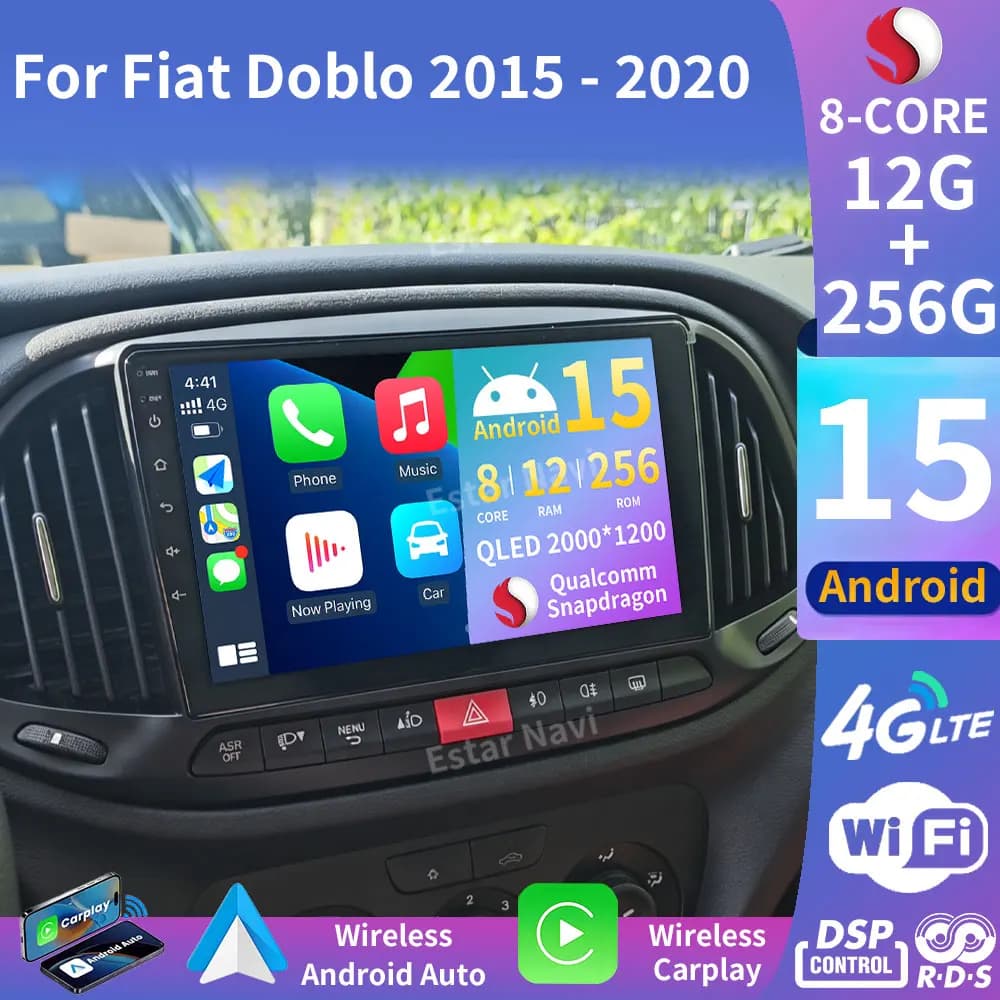 Autoradio Android 15 con Carplay Wireless per Fiat Doblo 2015-2020, Lettore Multimediale Video GPS 4G, Stereo Auto BT