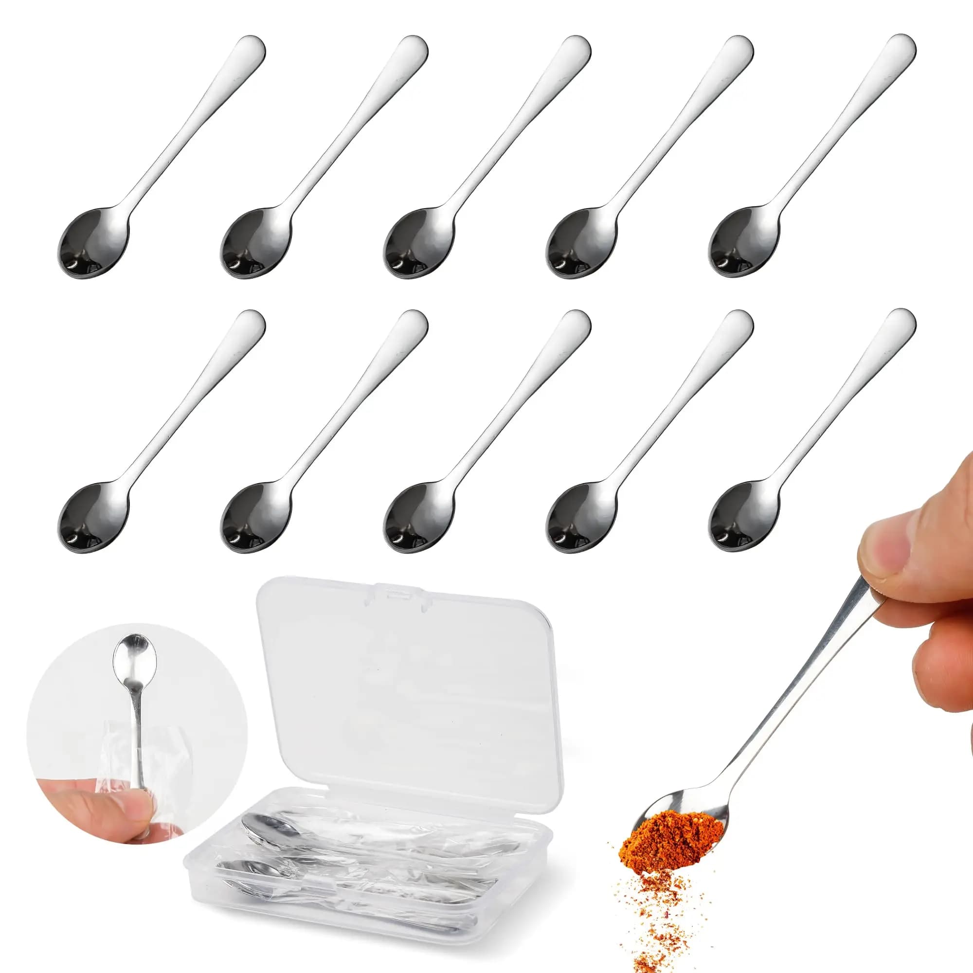 Mini cucchiai in acciaio inossidabile da 2,8 pollici, set da 10 pezzi, argento, piccoli cucchiai per spezie, sale, zucchero, piccoli barattoli
