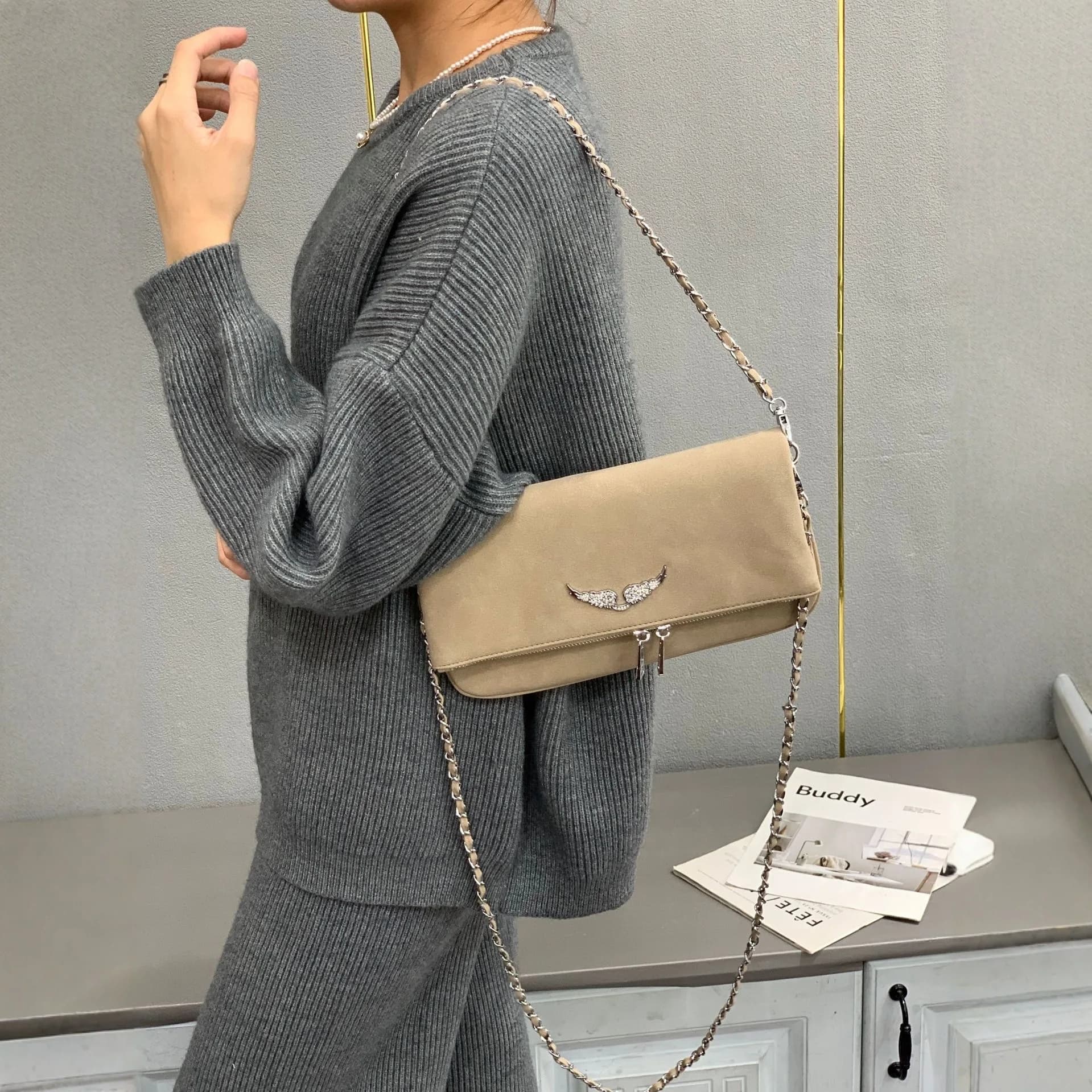 Nuova Borsa a Tracolla Mini Quadrata con Catena e Strass per Donne, Trendy Borsa a Spalla per Uso Quotidiano