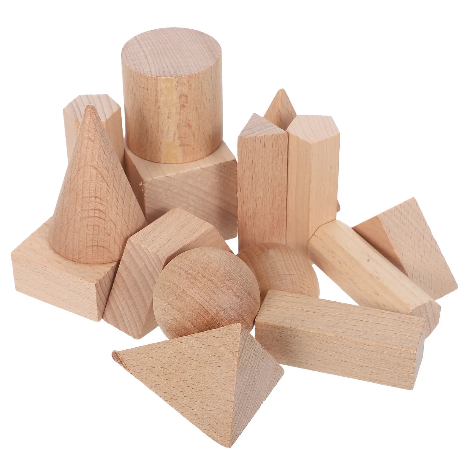15 Pezzi Blocchi di Legno per Bambini, Forme Geometriche Solide in Faggio Naturale, Educazione Precoce Prescolare, Impilamento e Ordinamento Montessori