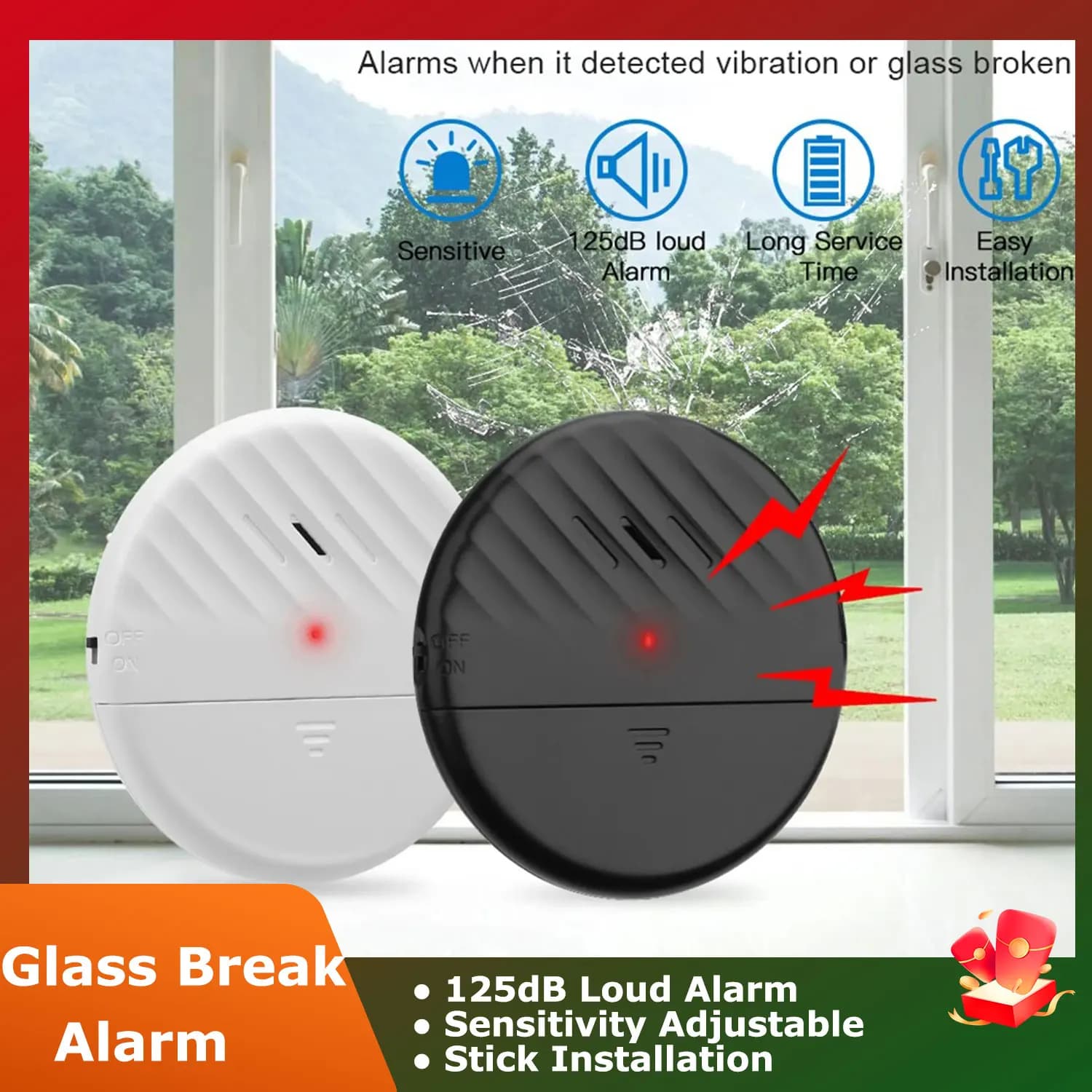 Allarme sensore di vibrazione per porte e finestre senza fili Sensore antifurto per rottura vetro da 125 dB Allarme remoto per la protezione della sicurezza domestica