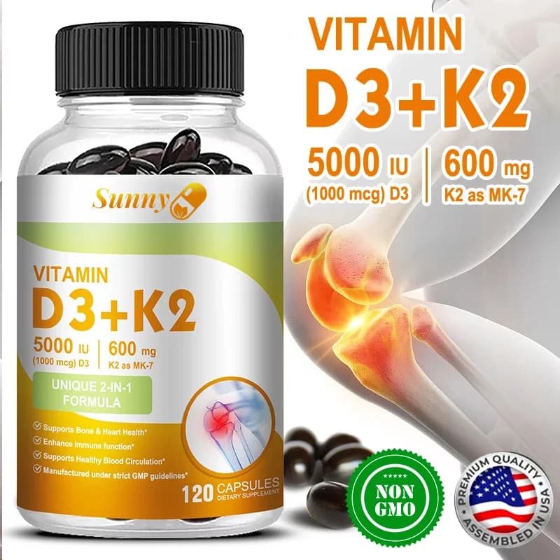 Vitamin D3+K2, 5000 IU Vitamin D3, non-GMO formula, easy-to-swallow vitamin D and K complex dietary supplement