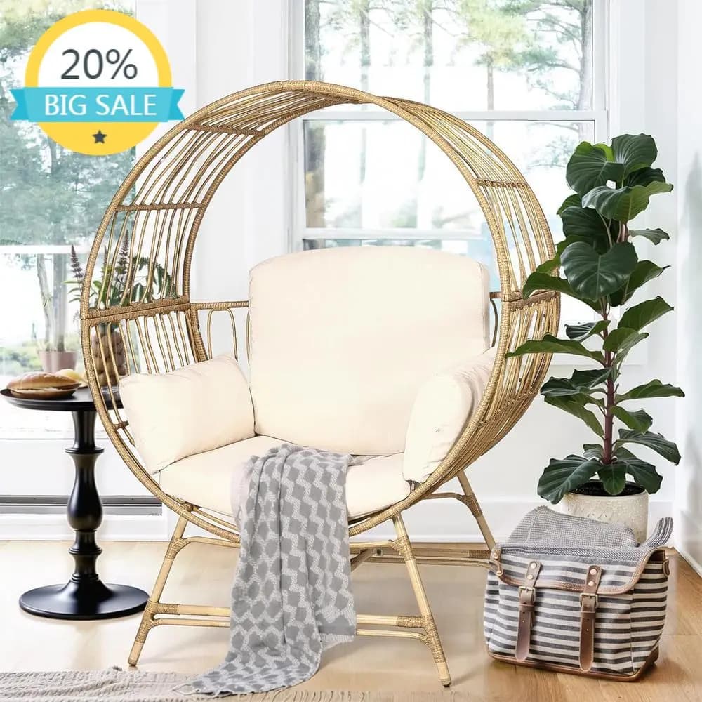 Oversize lounge chair in wicker with pillow, capacity of 350 pounds, suitable for patio, balcony or living room, beige