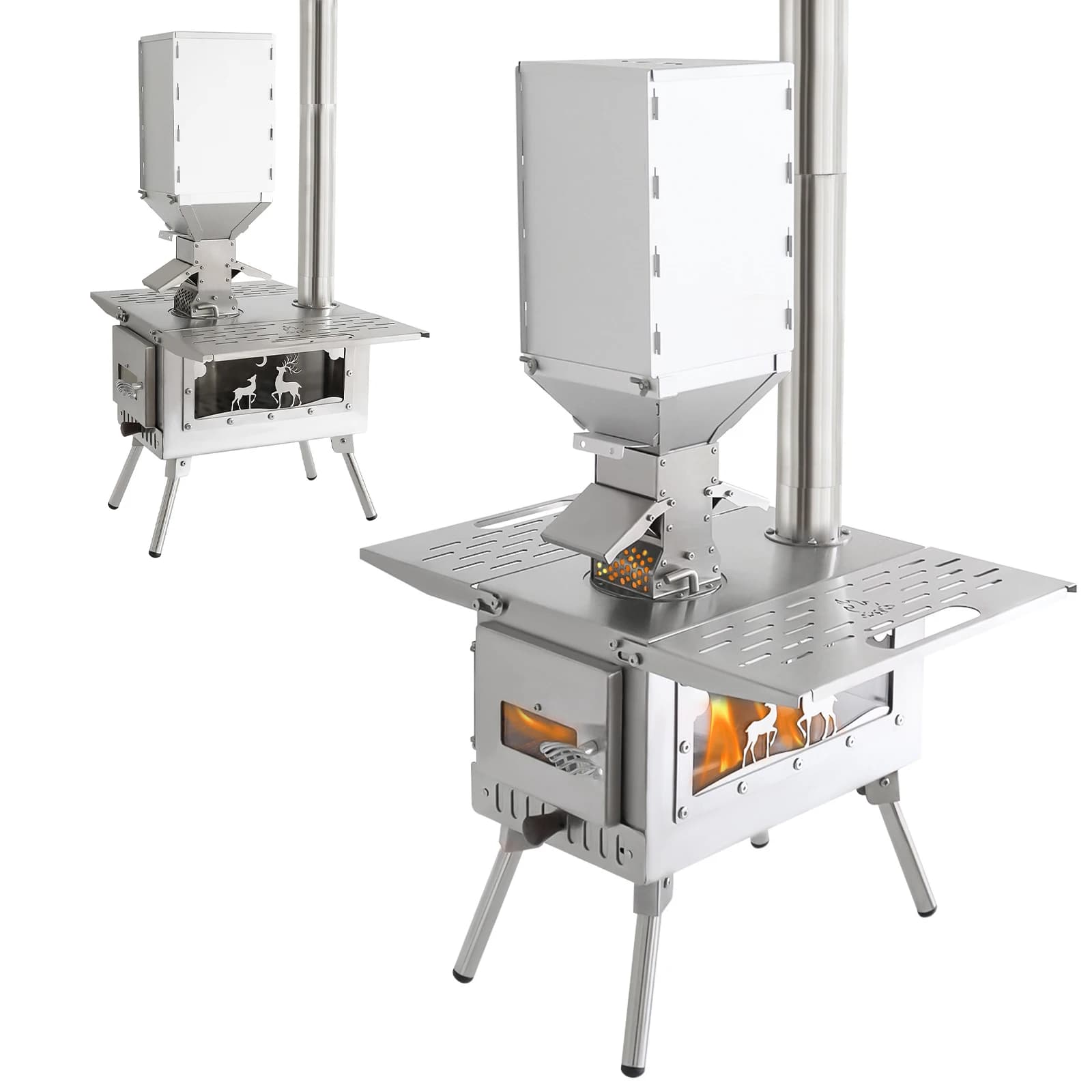 Stainless Steel Portable Wood Stove with Fireplace Tube, Camping Stove for Open Kitchen and Hiking
