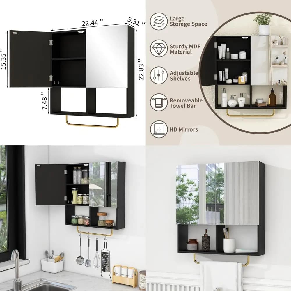 Armadietto a Specchio da Parete con Ripiani Regolabili e Porta Asciugamani per Bagno, Lavanderia, Ingresso, Camera da Letto