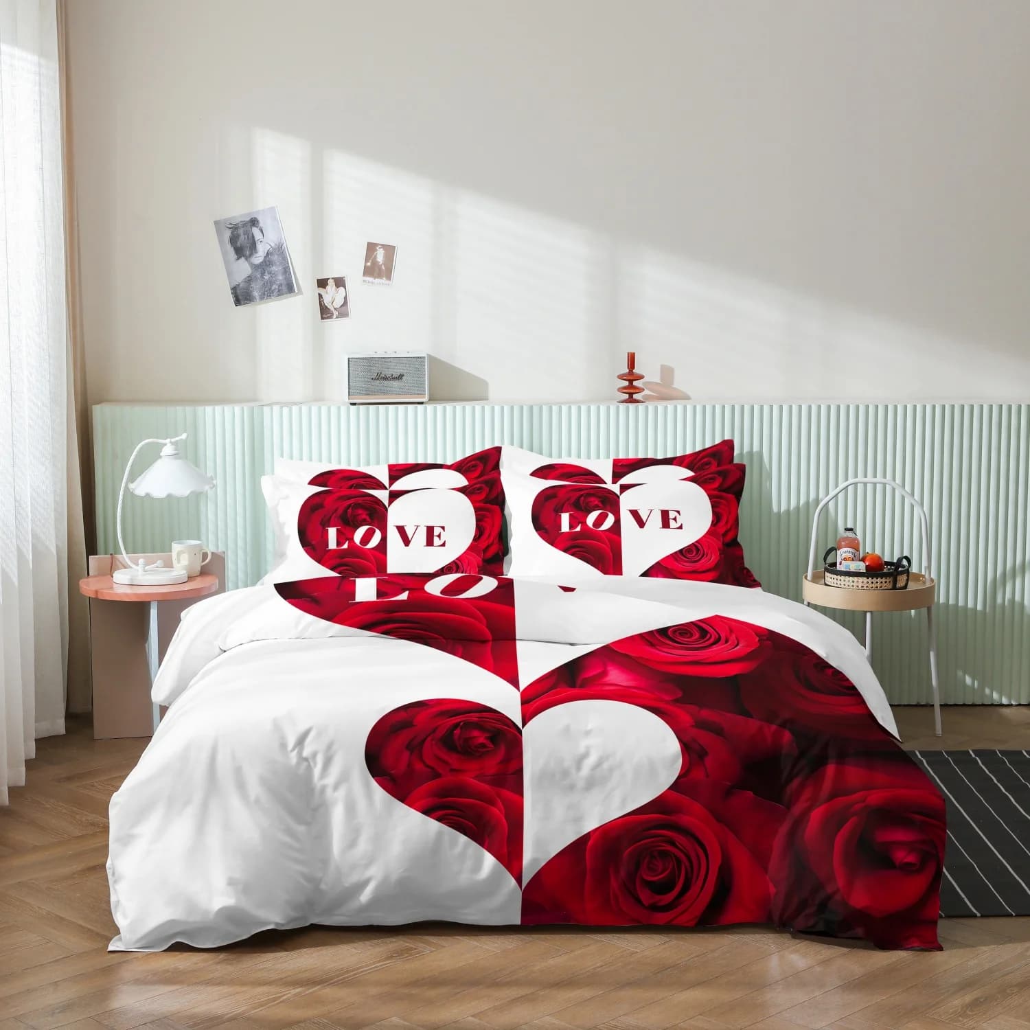3pcs Valentine Rose with LOVE Print Duvet Cover Set, For Family Bedrooms Dormitories Hotels (1 Duvet Cover + 2 Pillowcases)