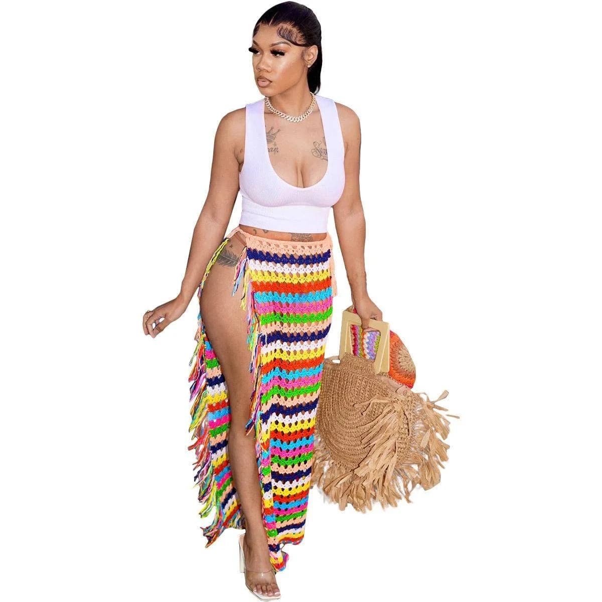 Sexy Hand-Knitted Tassel Bordered Casual Beach Half Skirt for Women Spring Summer Season Irregular Hemline mid Waist Design