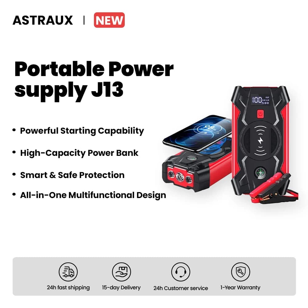 Avviatore di emergenza ASTRAUX 1200A con batteria esterna da 12000 mAh per benzina 6,0 litri, diesel 4,0 litri e Power Bank