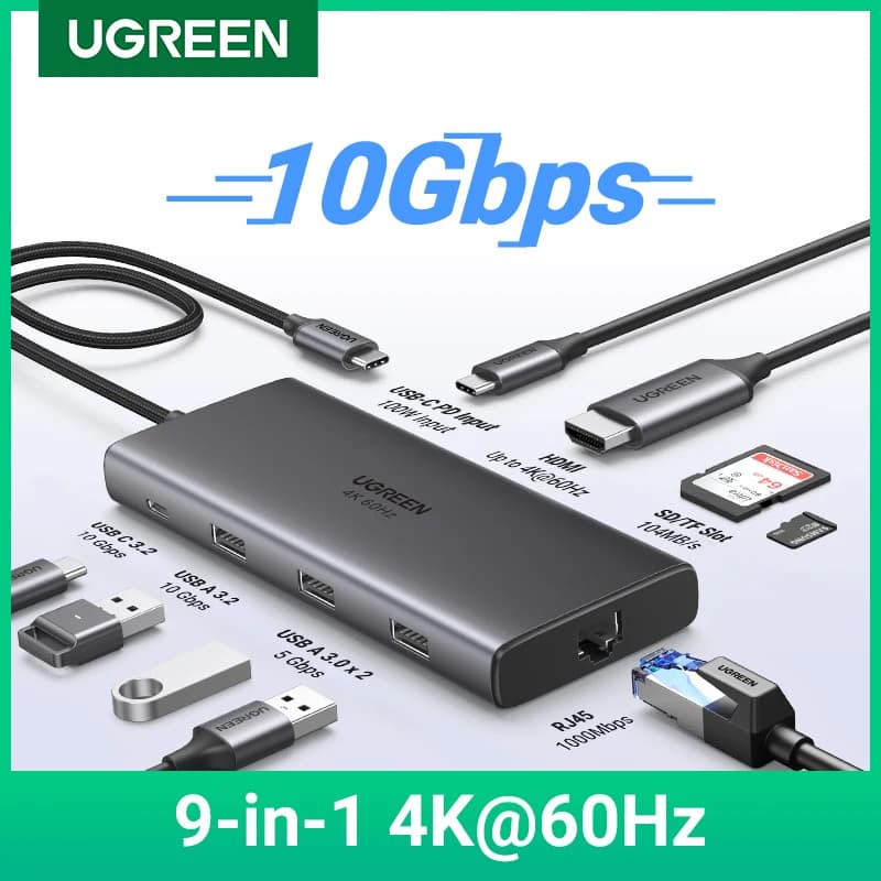 UGREEN USB C HUB 10Gbps 10-in-1 Tipo-C a 4K60Hz HDMI RJ45 PD100W SD e TF Splitter USB per MacBook iPad Accessori per laptop Docking