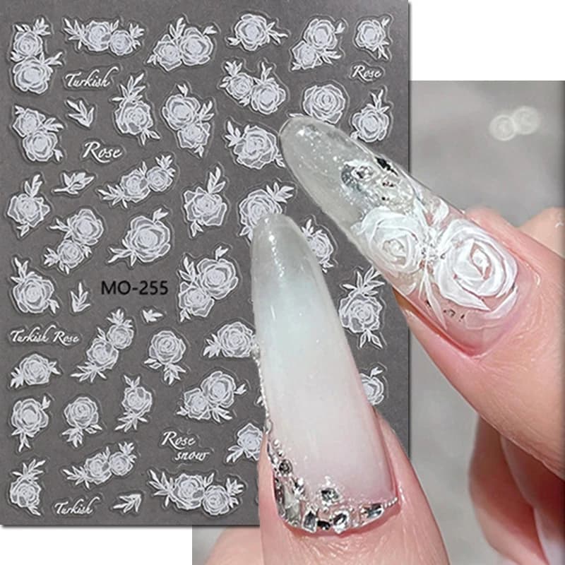 Adesivi per nail art in rilievo 5d Semi-trasparenti Rose bianche Fiori Cursori adesivi Decalcomanie Decorazioni per punte per unghie Manicure