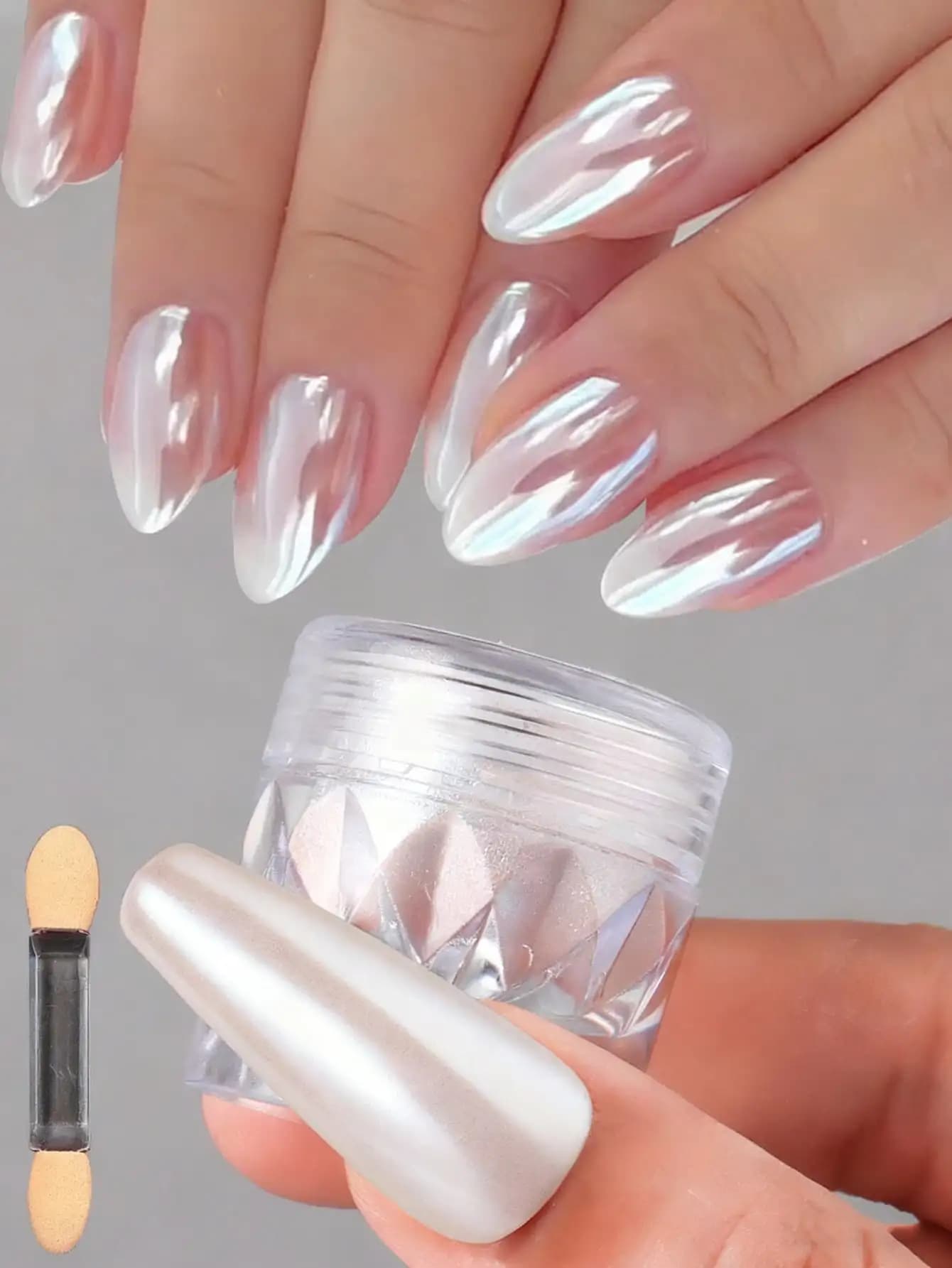 1 bottiglia di polvere bianca per unghie White Moonlight Pearl, pigmento per unghie effetto specchio Aurora. Include pennello per ombretto. Polvere di fata per lucidatura e decorazione fai-da-te della manicure.