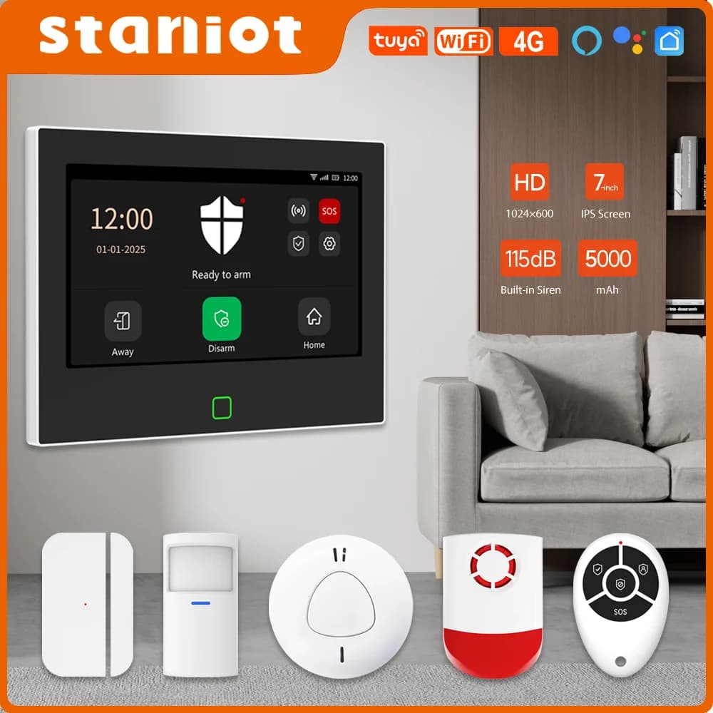 Staniot 7 pollici Tuya Smart 4G Sistema di allarme Supporto 10 lingue Kit di sicurezza Batteria da 5000 mAh Sirena stroboscopica wireless Allarme domestico