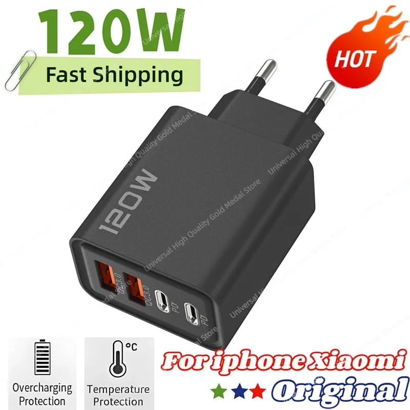 120W 4 Port USB Type C Charger Fast Charging Data Cable USB Phone Charger Adapter For Samsung IPhone Huawei Xiaomi Wall Charger
