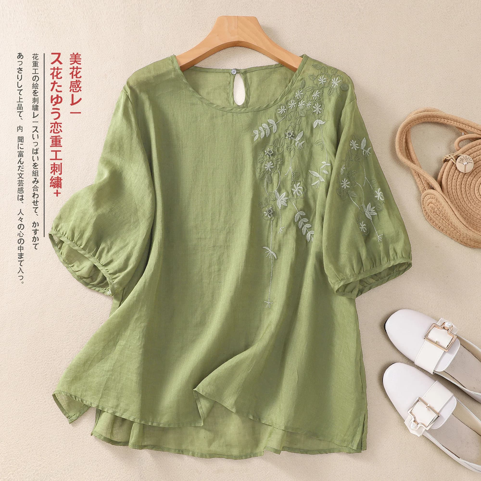Camicette da donna in cotone e lino ricamato T-shirt estive a maniche corte Top casual verde arancione allentato