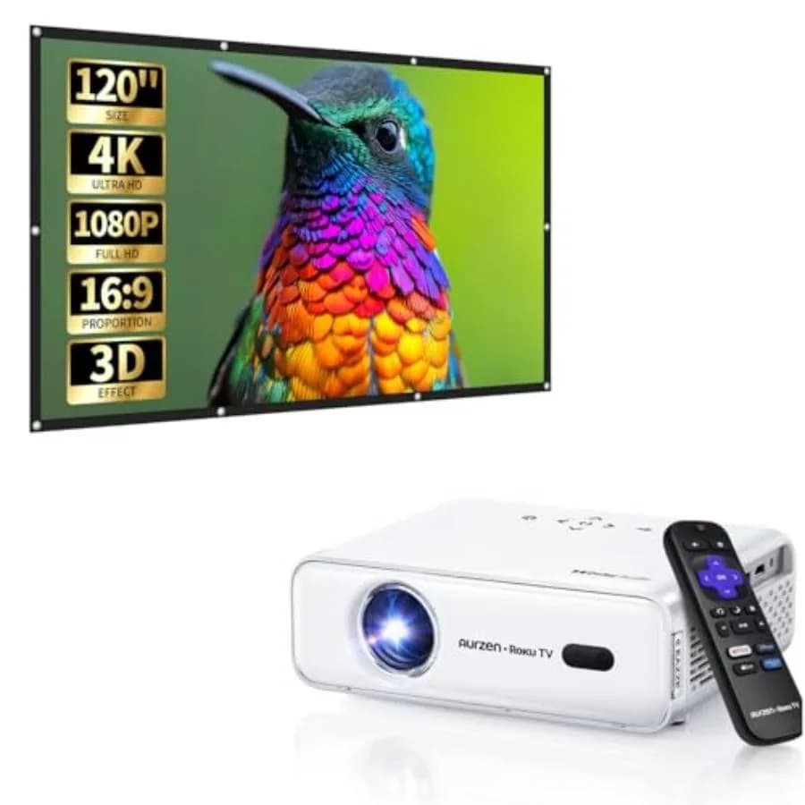 Proiettore Smart Roku TV con Schermo da 120 Pollici, Kit per Home Theater con Cornice Nera, Risoluzione HD e Altoparlanti Integrati