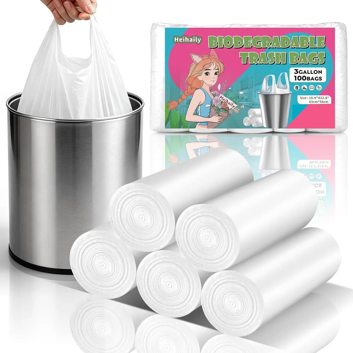 Sacchetti per la Spazzatura da 3 Galloni con Manici, Sacchetti Bianchi per Rifiuti da Bagno, Sacchetti Biodegradabili Inodori da 12 Litri per Mini Cestini, per Cucina e Auto, Resistenti, Confezione da 100