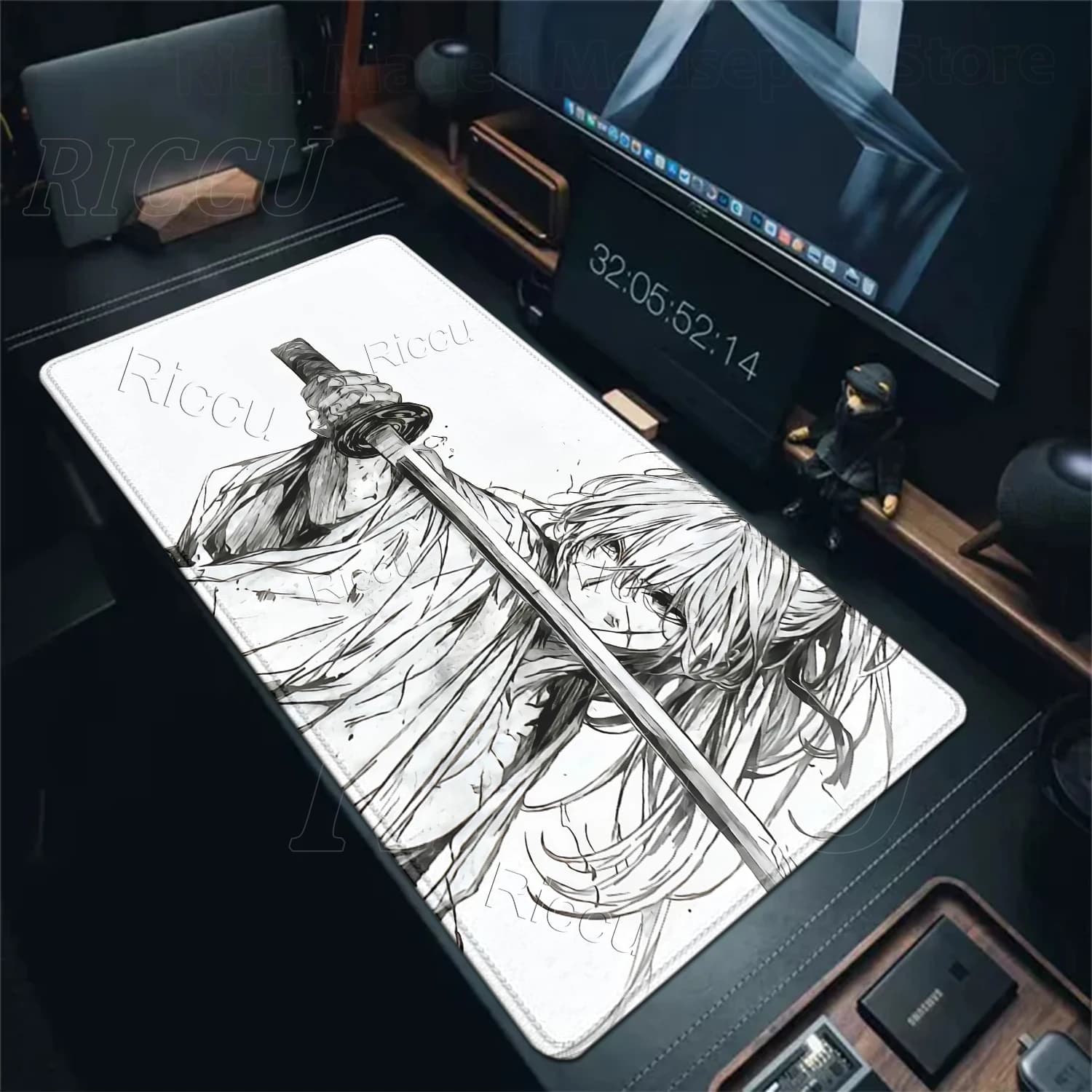 Japan Samurai Warrior Style MousePad Simple Gamer Desk Offices Accessories Mechanical Keyboard Rug Black And White Rubber Carpet