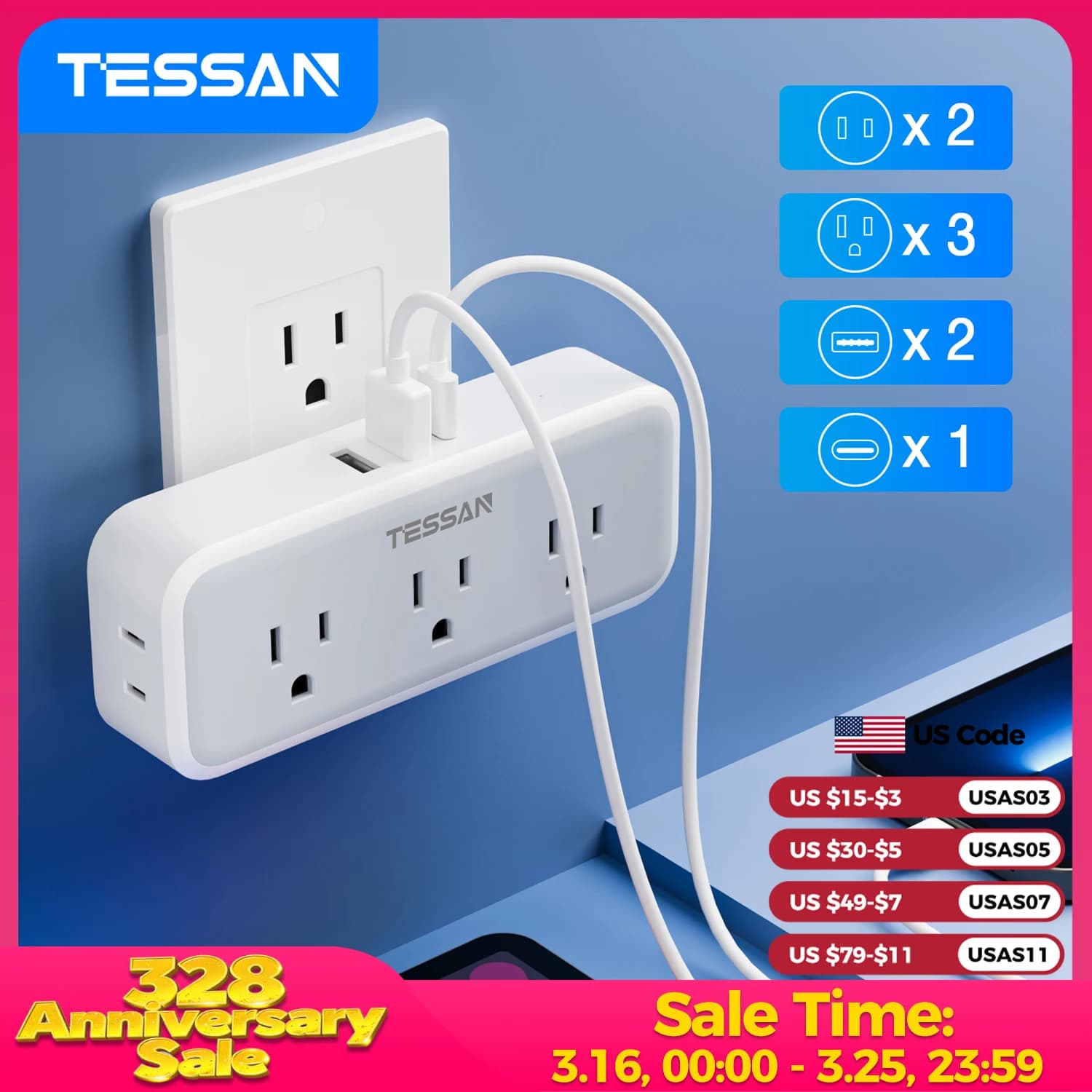 TESSAN Multifaceted by Wall with 5 sockets and 3 USB, Extensive Extensor of Electric Grips with Overvoltage Protection