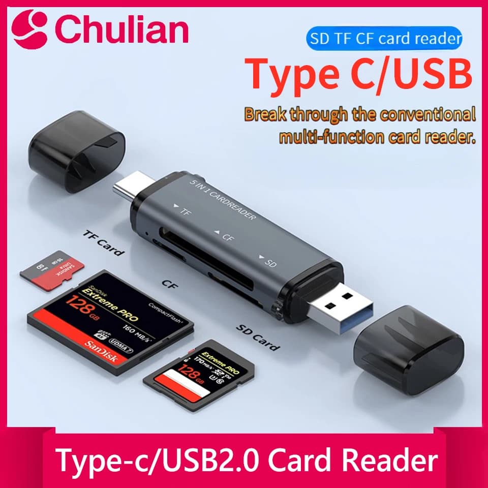 Lettore di schede multifunzione USB 2.0 di tipo C per telefoni cellulari, computer, tablet - Slot per schede di memoria CF/SD/TF - Plug and Play