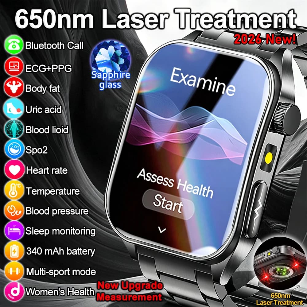 2026 New Blood Pressure 650nm Laser Therapy Diagnosis Smartwatches Men Women Clock Uric Acid Lipid Heart Rate Smart Watch IOS
